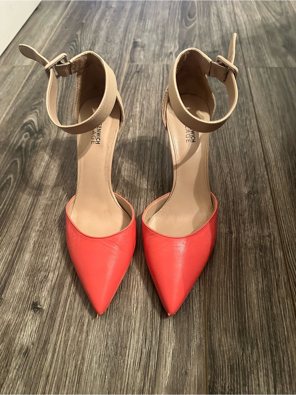 High-Heel Pointed-Toe Ankle-Strap Pumps in Coral and Neutral